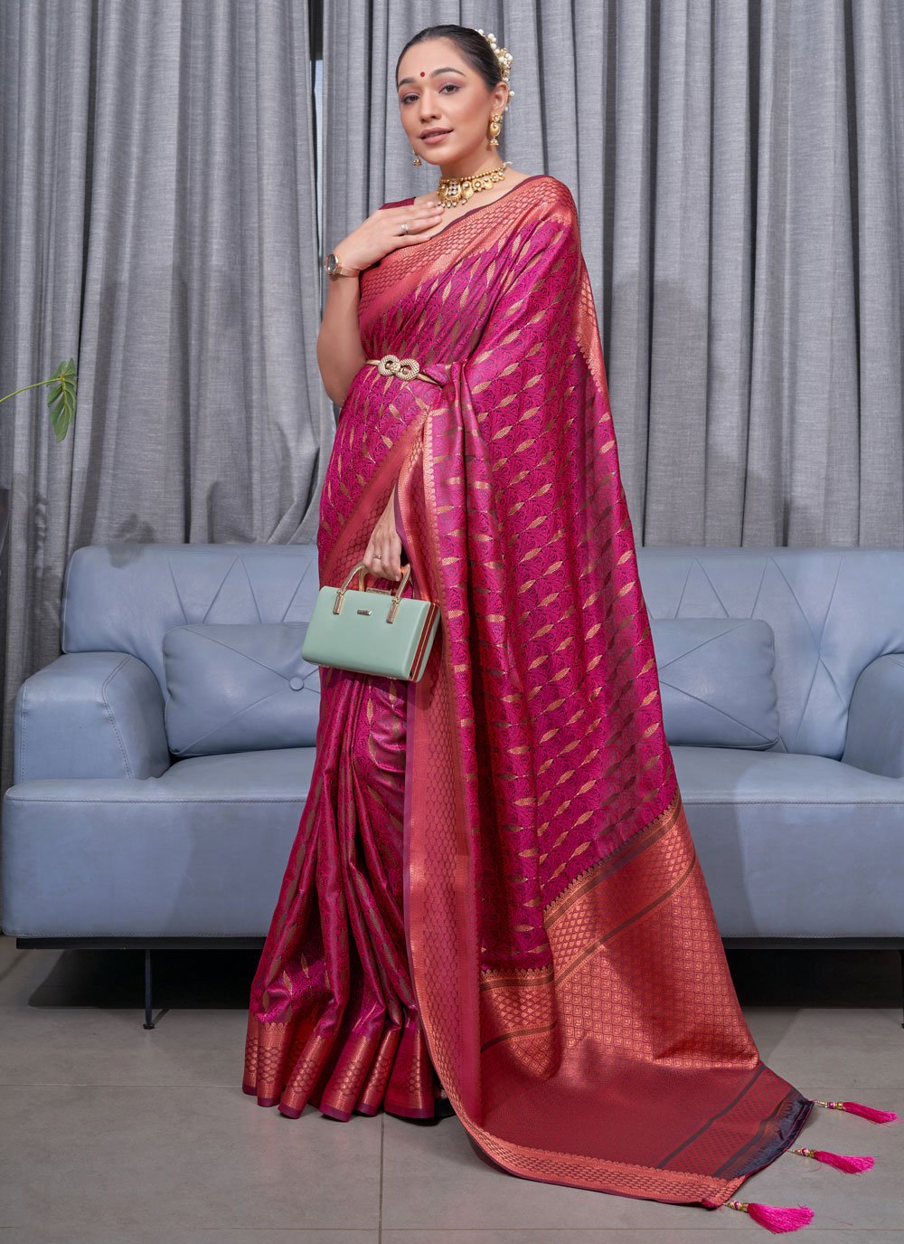 Trendy Saree Satin Silk Rani Jacquard Work Saree