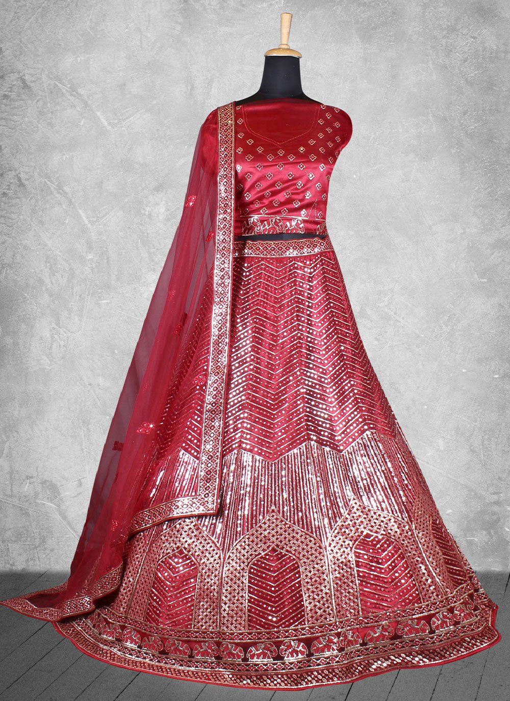 Lehenga Choli Satin Silk Red Cord Work Lehenga Choli