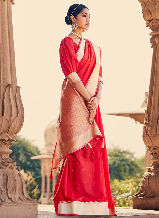 Contemporary Banarasi Silk Satin Silk Red Weaving Saree