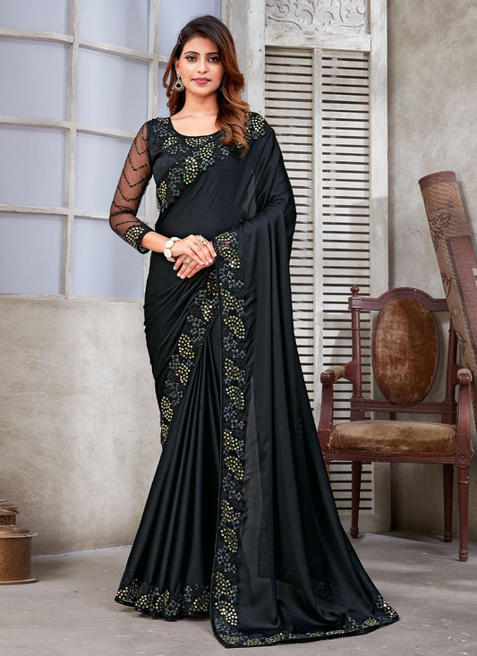 Trendy Saree Satin Silk Black Cord Work Saree