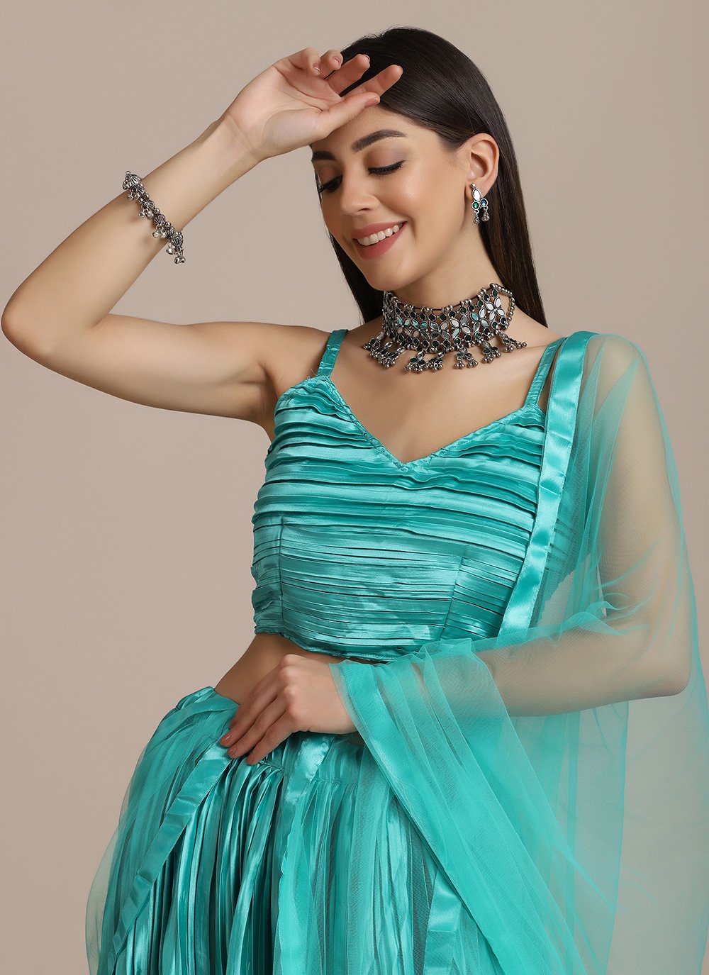 Lehenga Choli Satin Silk Aqua Blue Plain Lehenga Choli