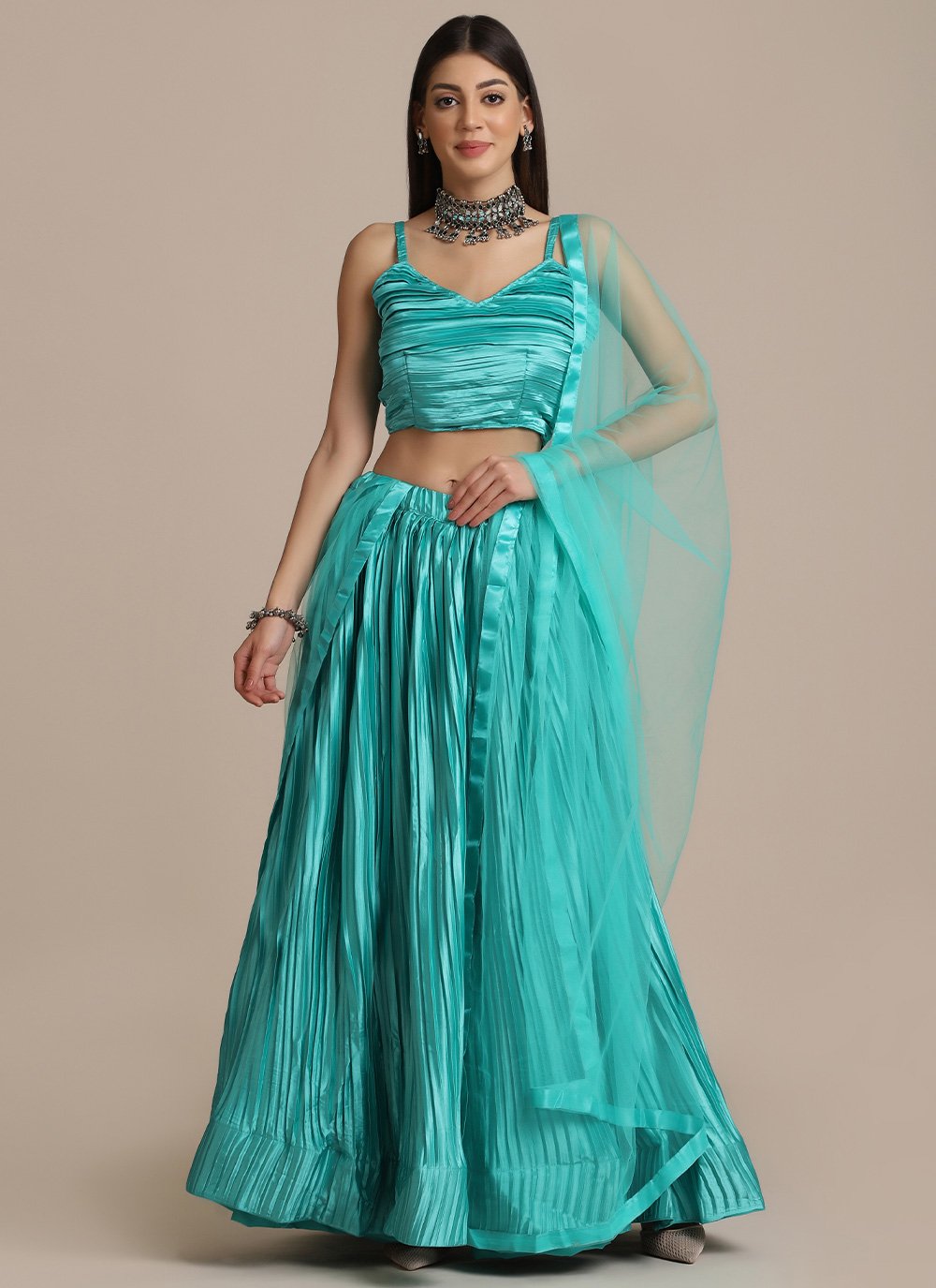 Lehenga Choli Satin Silk Aqua Blue Plain Lehenga Choli