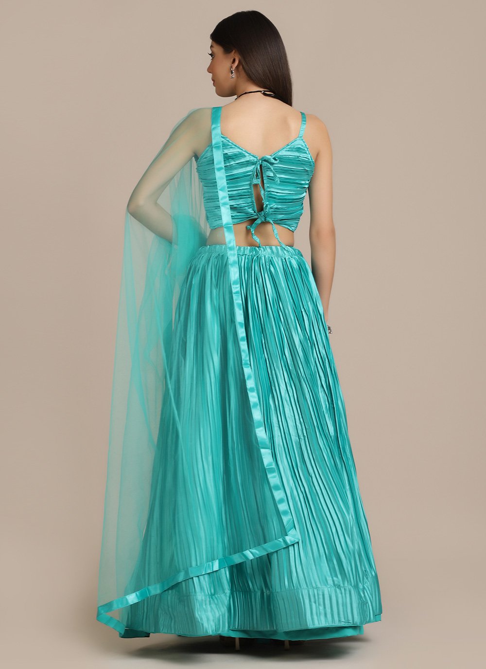 Lehenga Choli Satin Silk Aqua Blue Plain Lehenga Choli