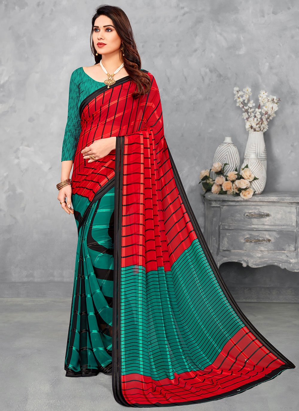 Classic Satin Silk Rama Red Print Saree