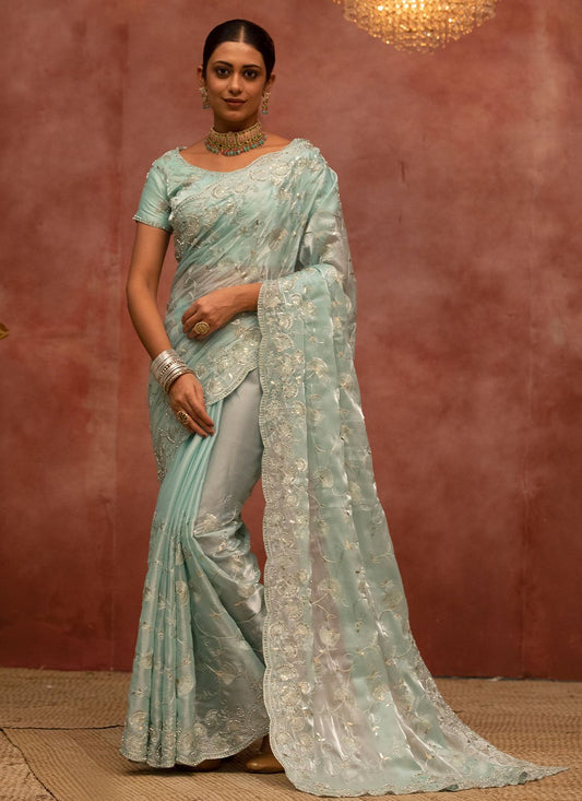 Contemporary Satin Silk Aqua Blue Embroidered Saree