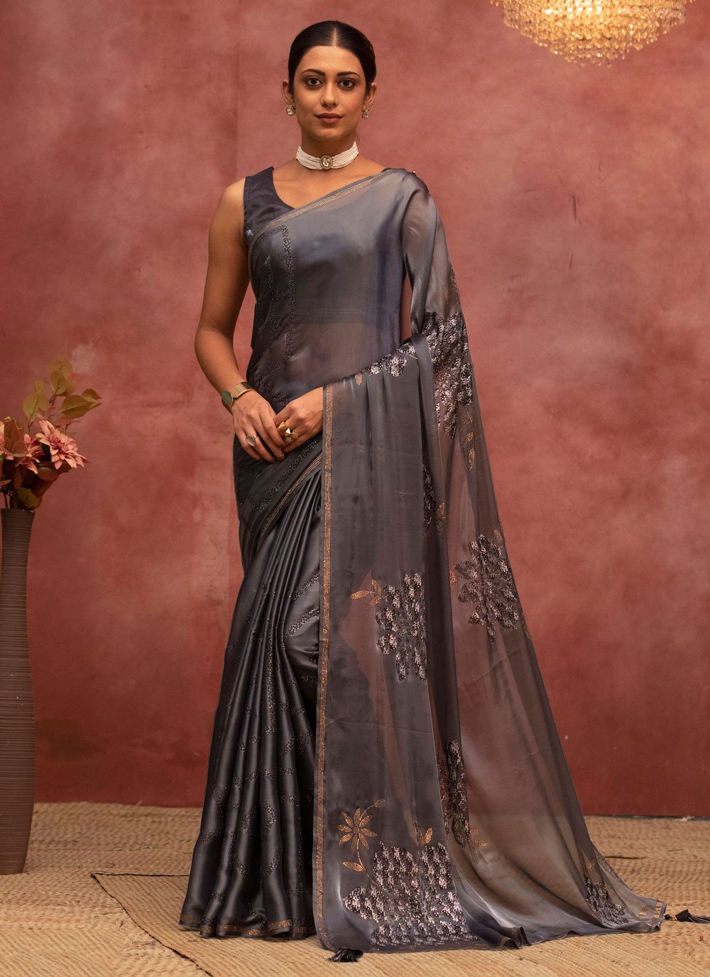 Classic Satin Silk Grey Floral Patch Saree