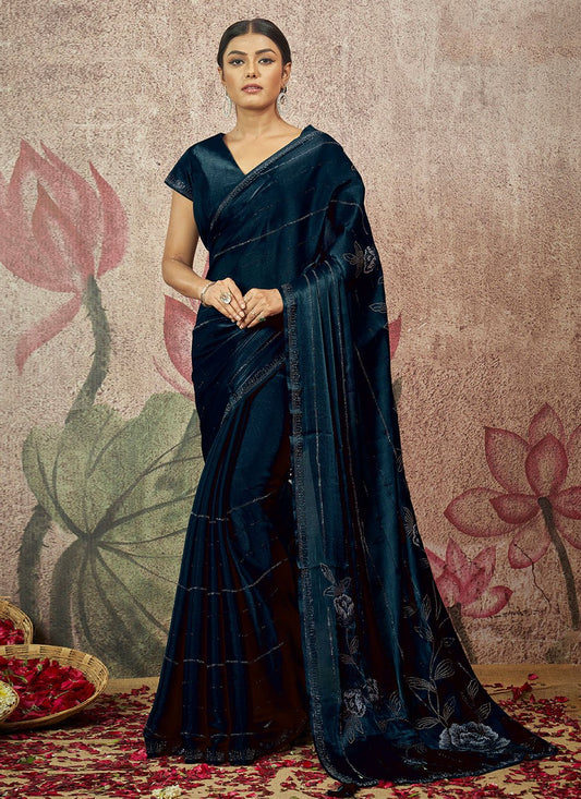 Contemporary Satin Silk Teal Embroidered Saree