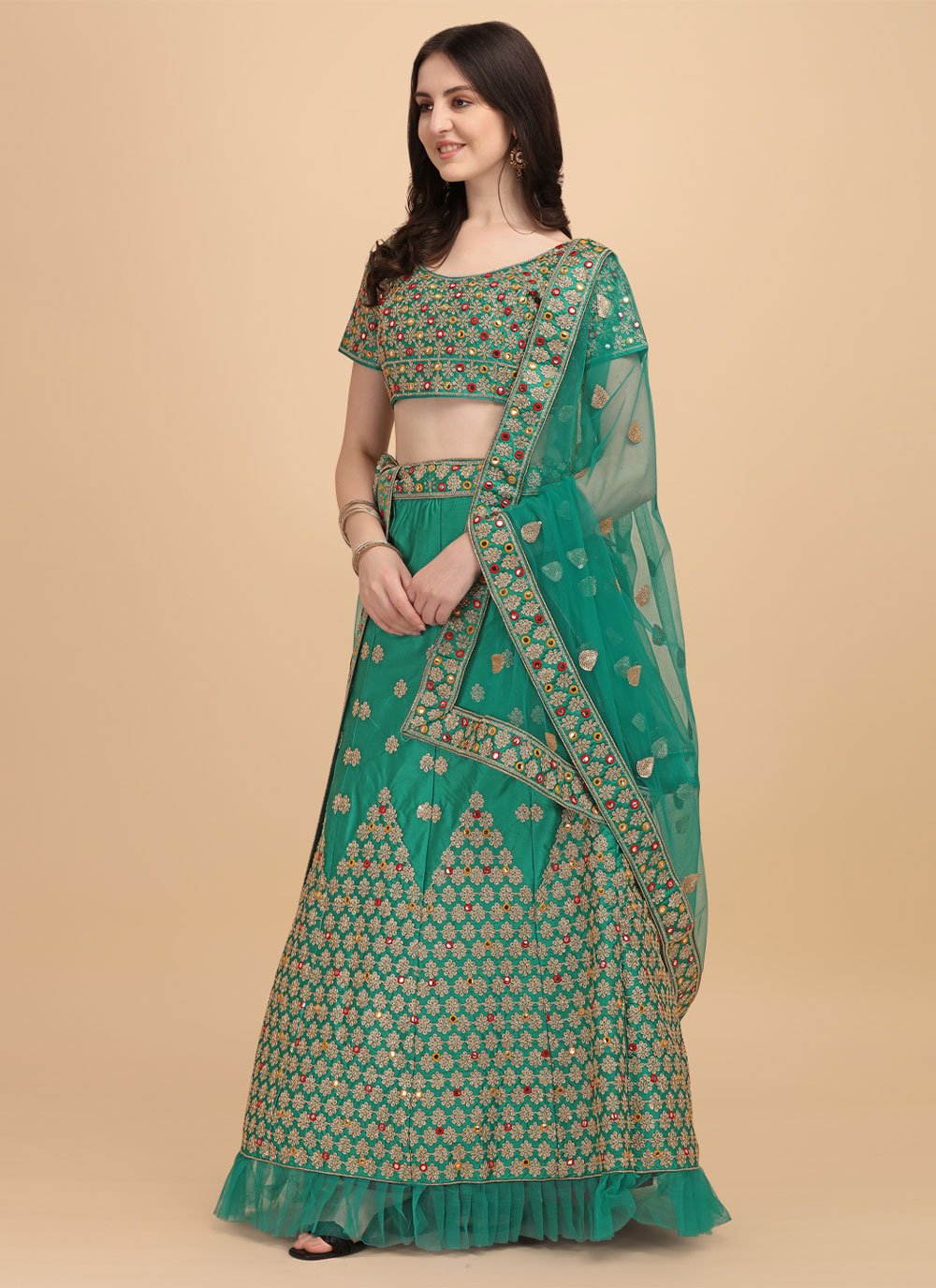 Lehenga Choli Satin Silk Green Embroidered Lehenga Choli