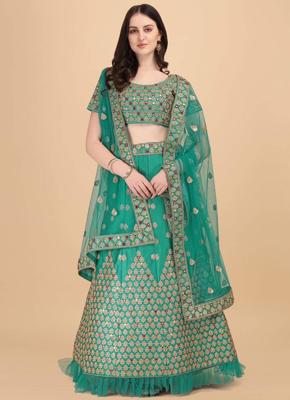 Lehenga Choli Satin Silk Green Embroidered Lehenga Choli