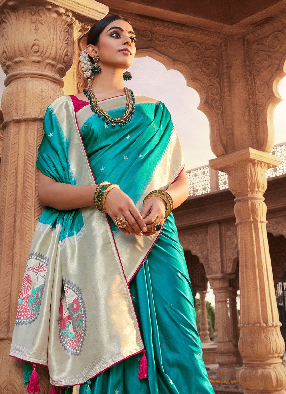 Contemporary Satin Silk Turquoise Weaving Saree