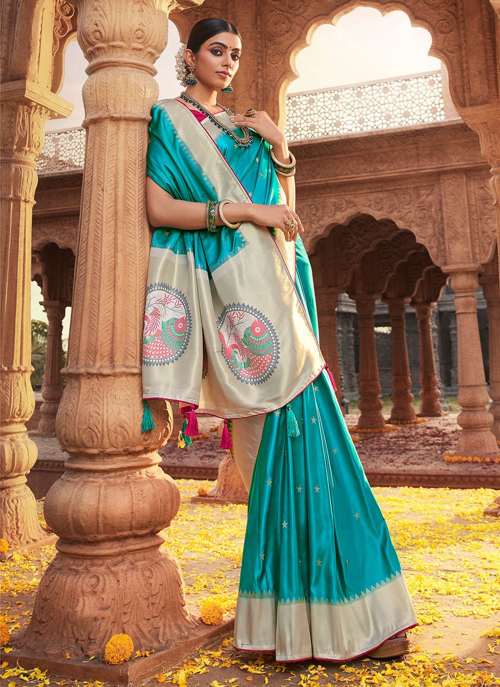 Contemporary Satin Silk Turquoise Weaving Saree