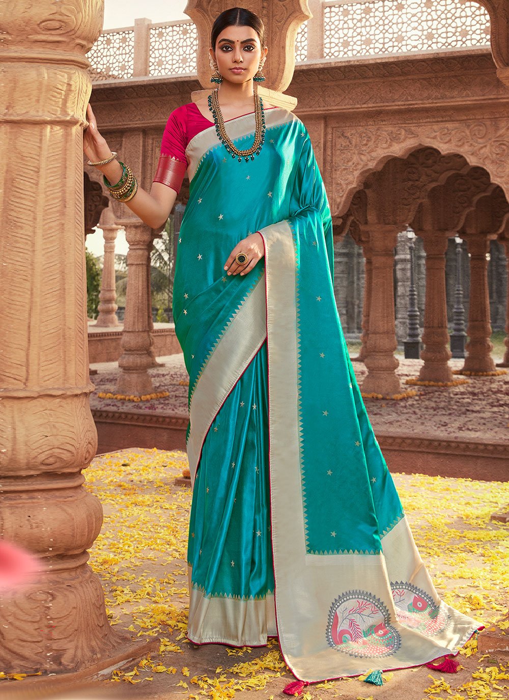 Contemporary Satin Silk Turquoise Weaving Saree