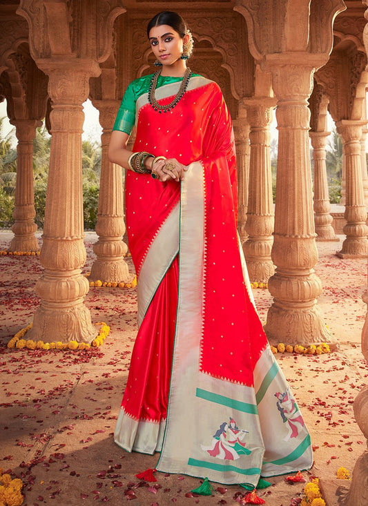 Contemporary Satin Silk Red Weaving Saree