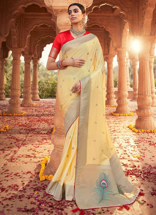 Trendy Saree Satin Silk Cream Weaving Saree