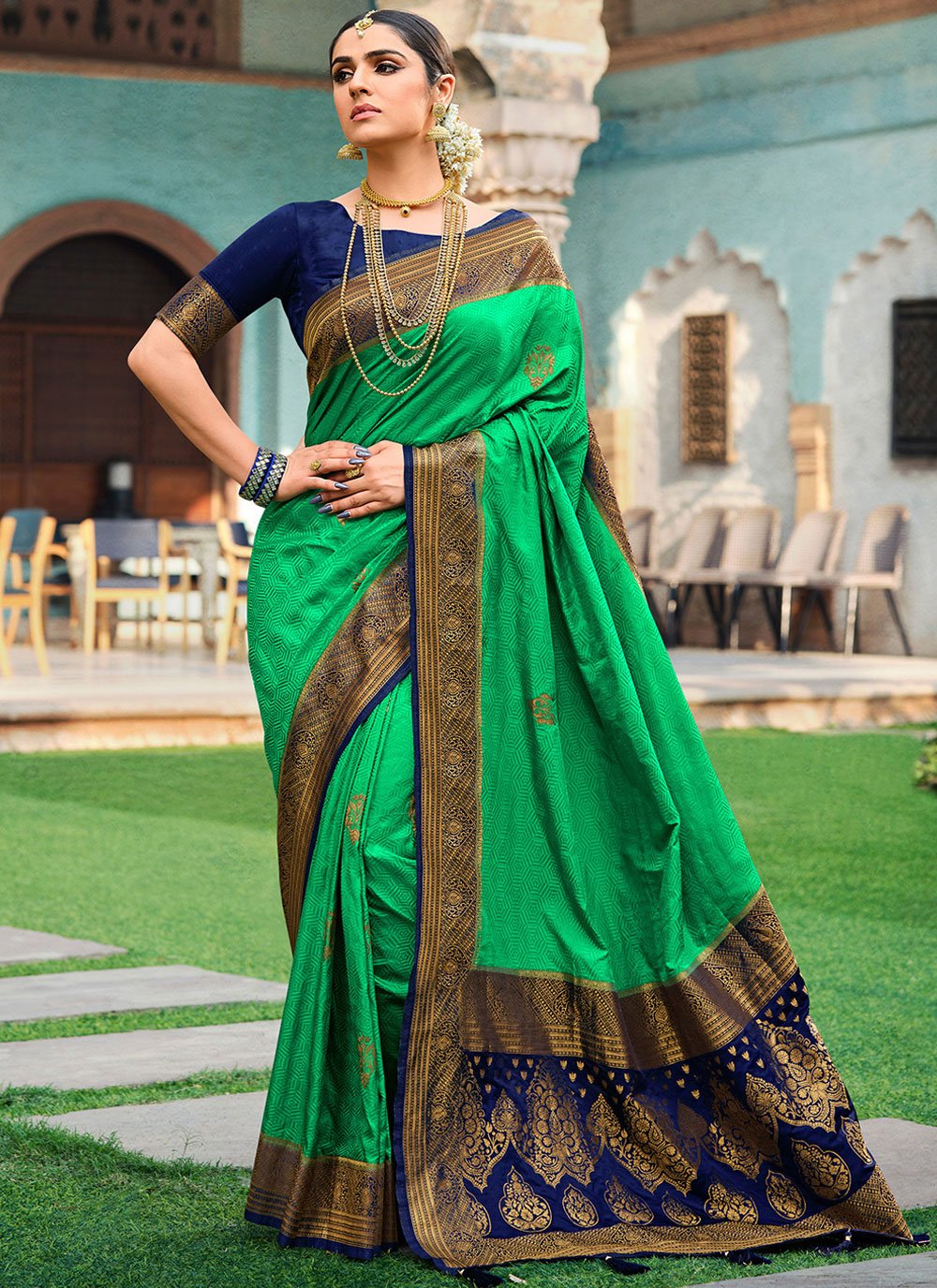 Trendy Saree Satin Silk Sea Green Patch Border Saree