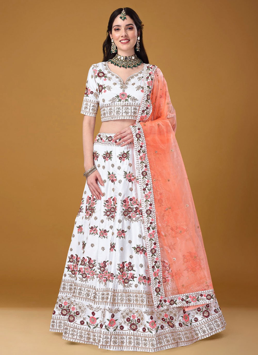 Lehenga Choli Satin Silk White Embroidered Lehenga Choli