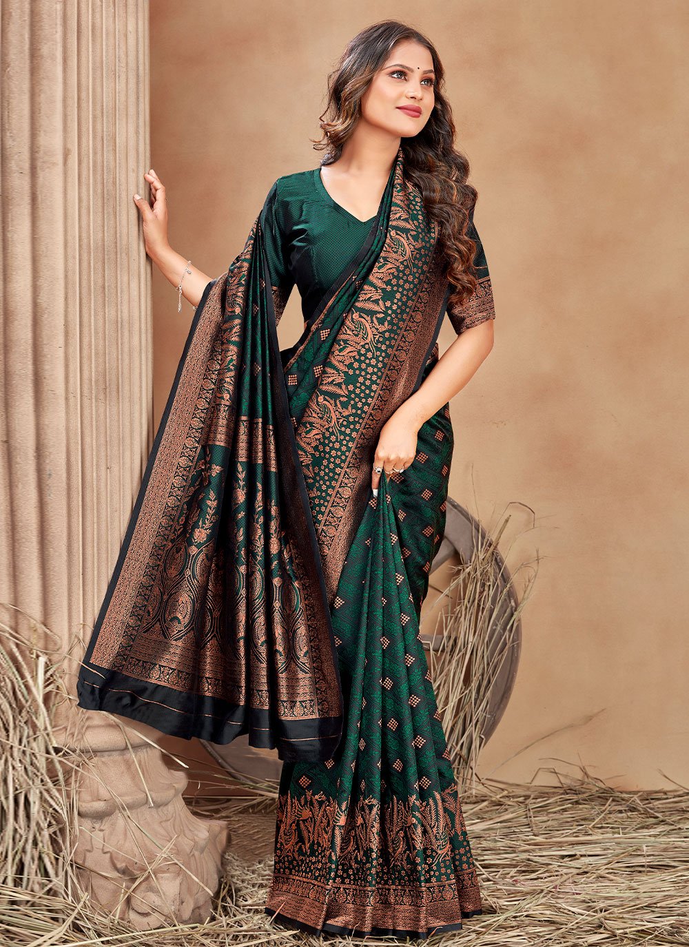 Classic Satin Silk Green Woven Saree