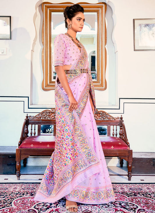 Contemporary Satin Silk Pink Weaving Saree