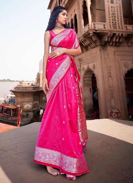 Classic Satin Silk Pink Weaving Saree