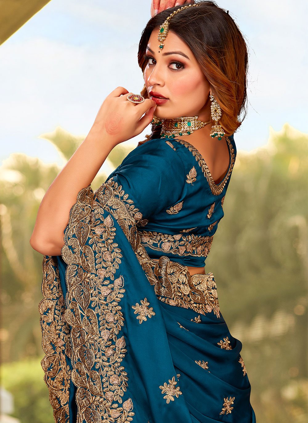 Contemporary Satin Teal Embroidered Saree