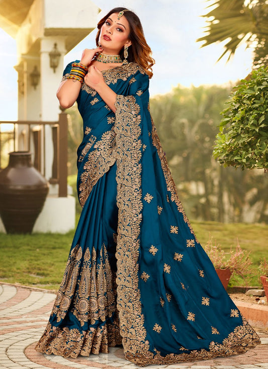 Contemporary Satin Teal Embroidered Saree