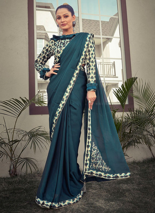 Trendy Saree Crepe Silk Satin Teal Lace Saree