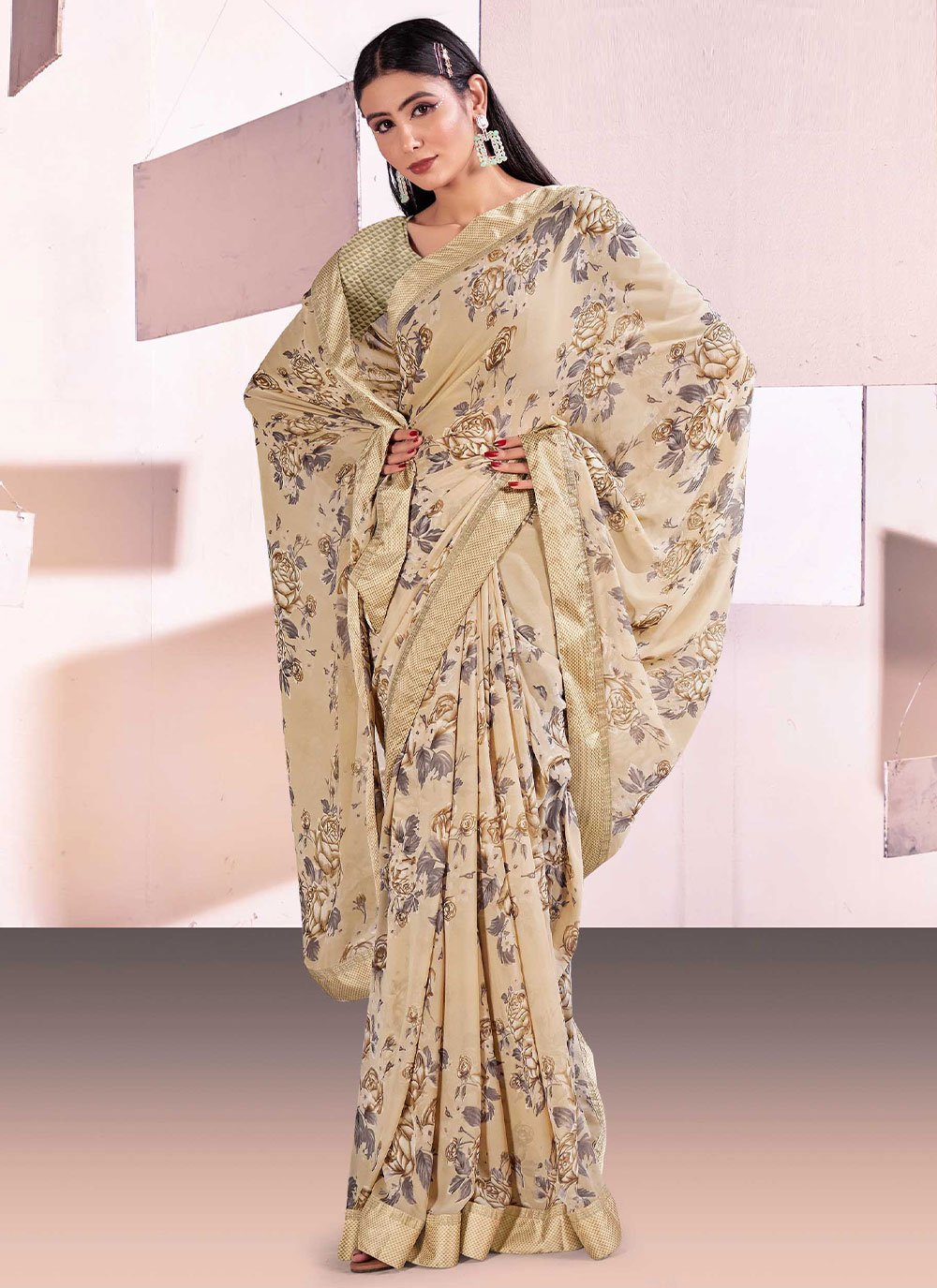 Trendy Saree Satin Beige Digital Print Saree