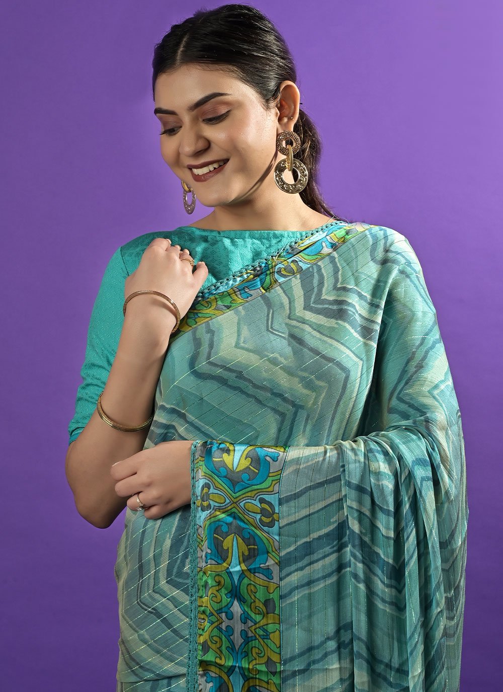 Contemporary Satin Turquoise Lace Saree