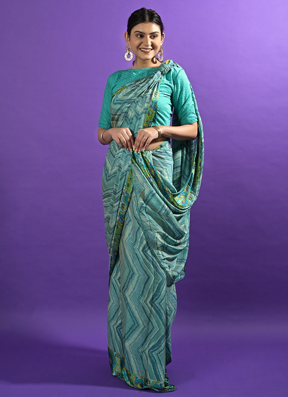 Contemporary Satin Turquoise Lace Saree