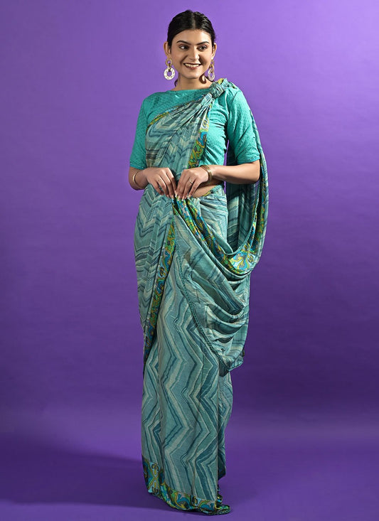 Contemporary Satin Turquoise Lace Saree