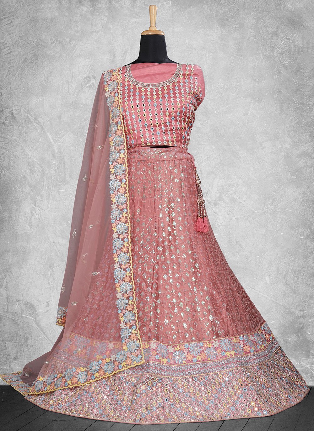 A Line Lehenga Net Satin Silk Pink Embroidered Lehenga Choli