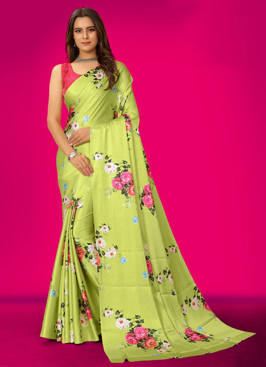 Contemporary Satin Yellow Digital Print Saree