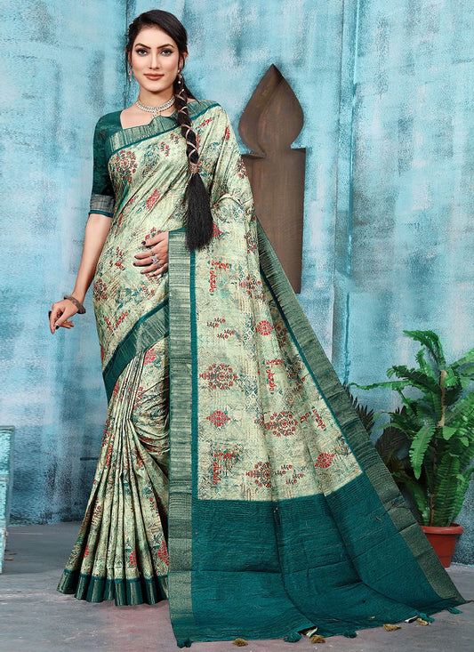 Classic Banarasi Silk Sea Green Teal Digital Print Saree