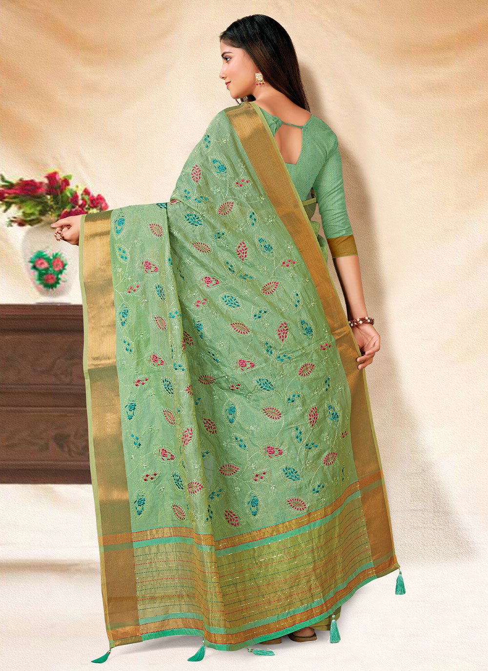 Classic Banarasi Silk Sea Green Embroidered Saree