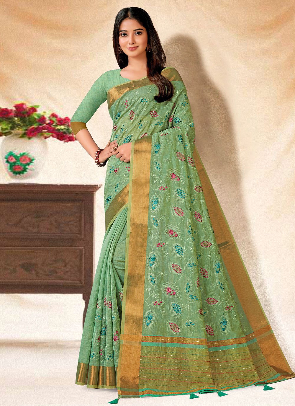 Classic Banarasi Silk Sea Green Embroidered Saree