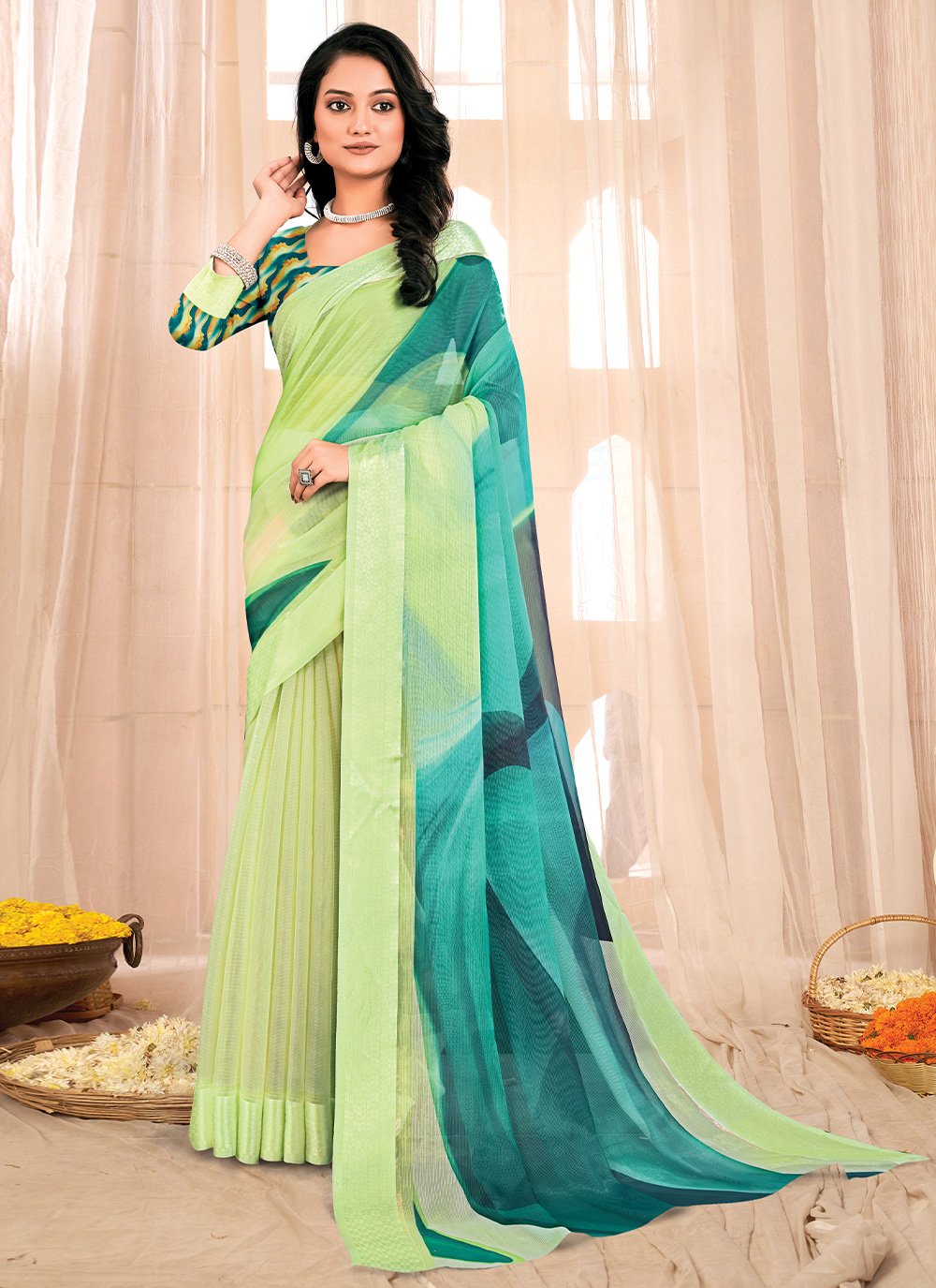 Contemporary Chiffon Sea Green Fancy Work Saree