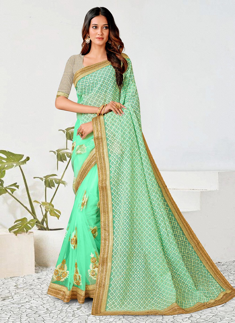 Contemporary Georgette Net Sea Green Patch Border Saree
