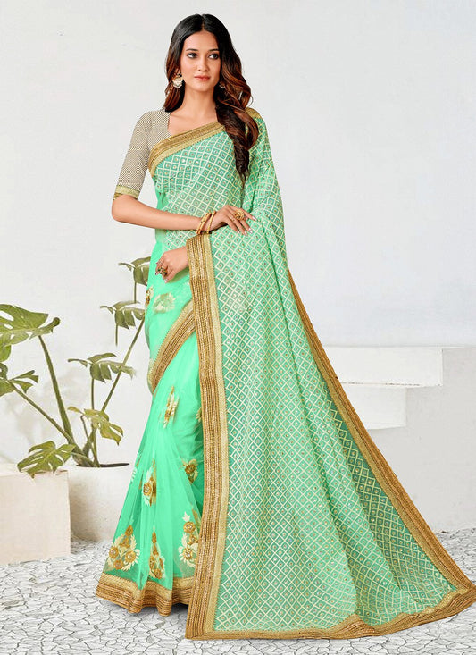 Contemporary Georgette Net Sea Green Patch Border Saree
