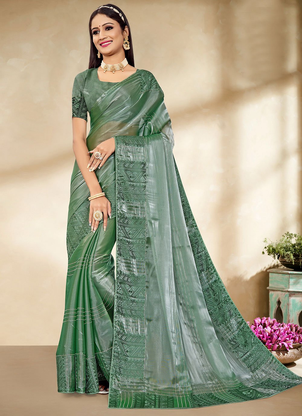 Classic Fancy Fabric Sea Green Patch Border Saree