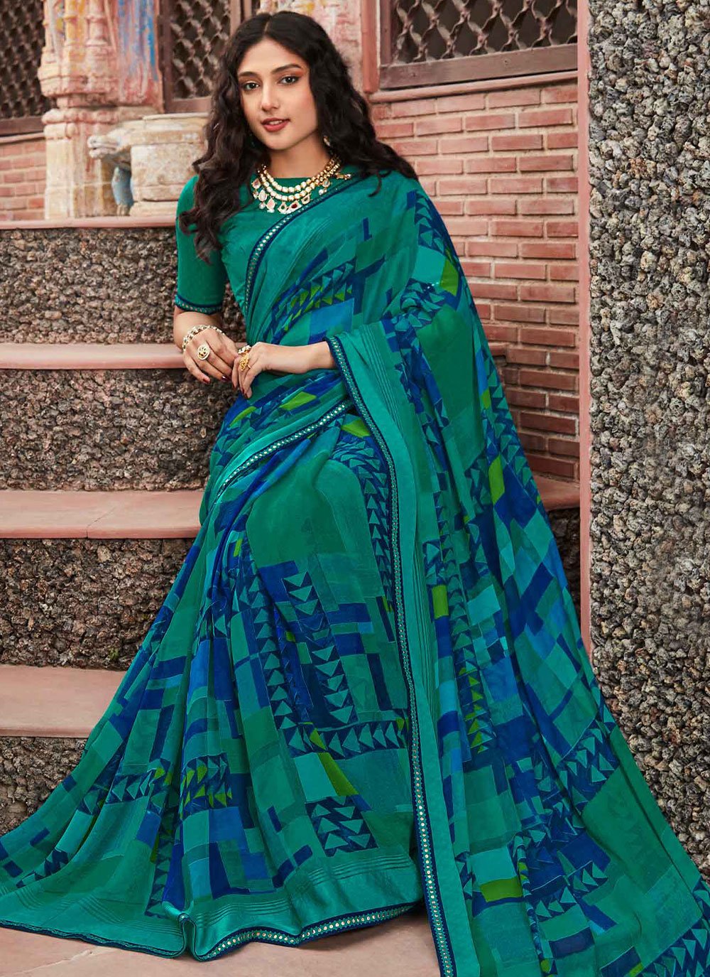 Classic Georgette Satin Sea Green Patch Border Saree