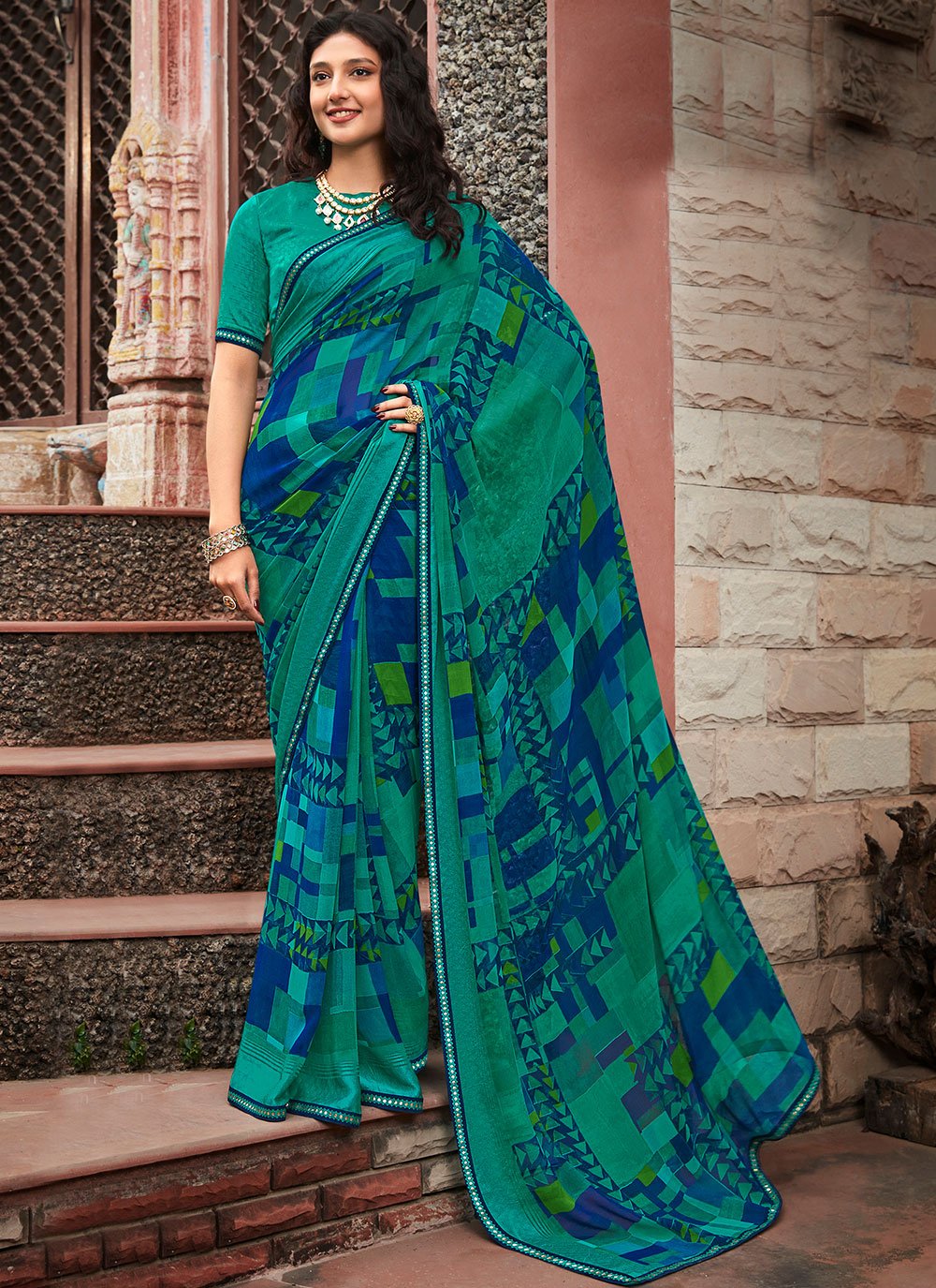 Classic Georgette Satin Sea Green Patch Border Saree