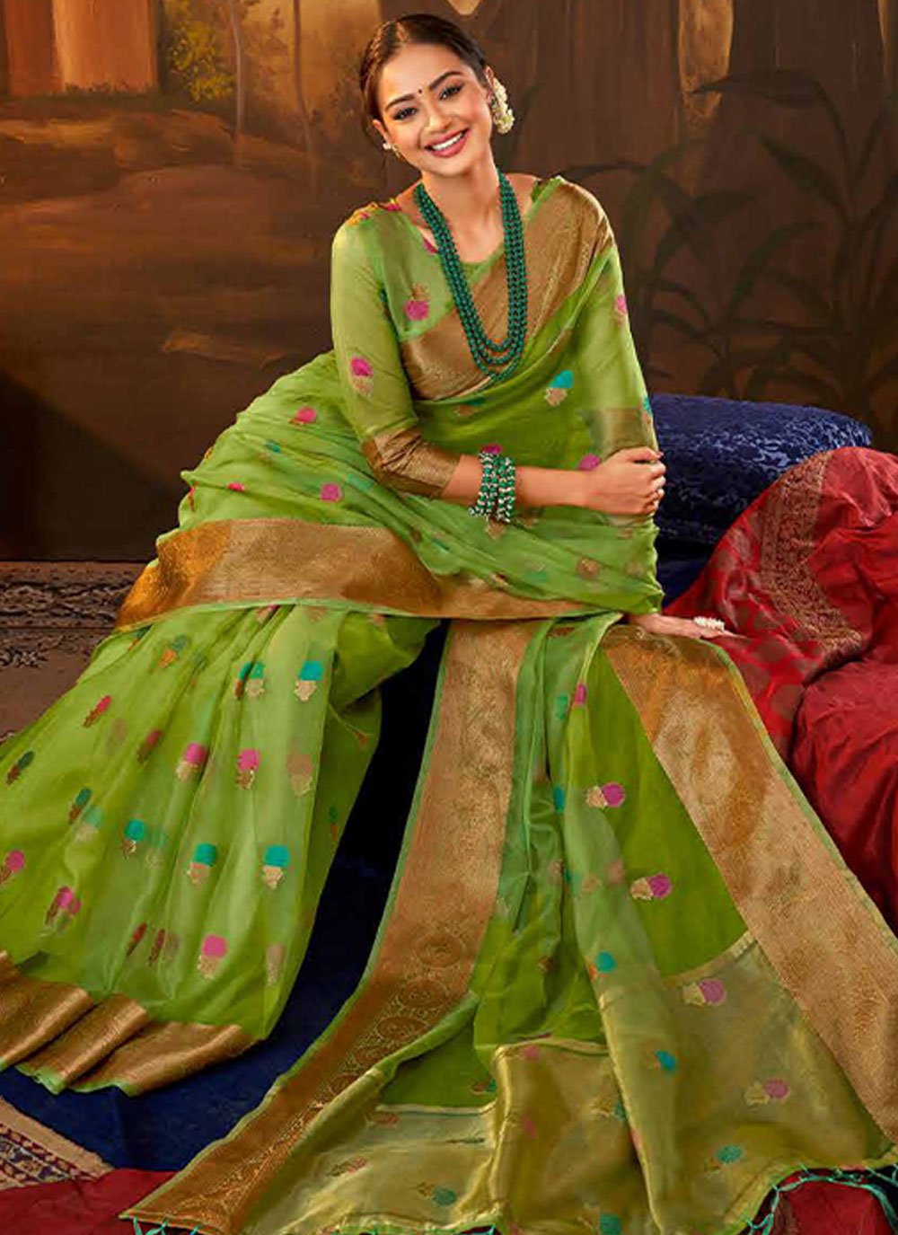 Classic Organza Silk Sea Green Booti Saree