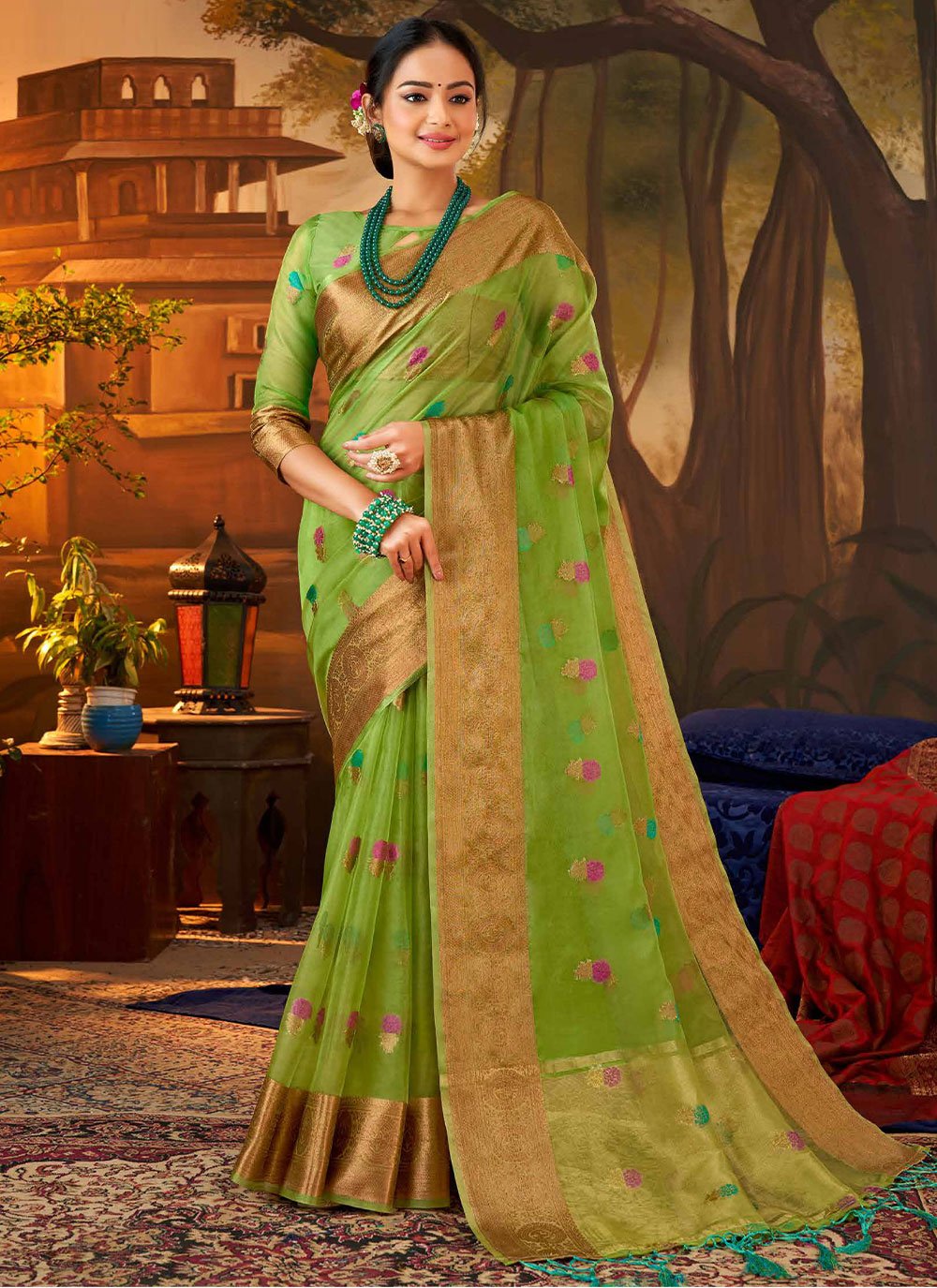 Classic Organza Silk Sea Green Booti Saree