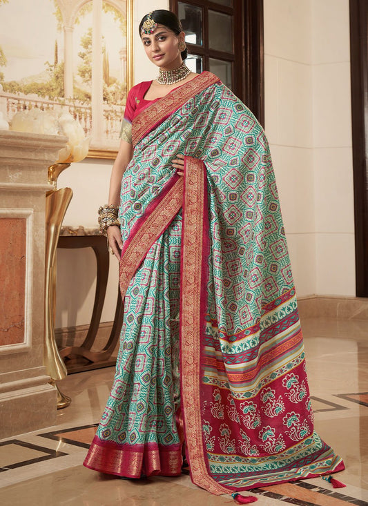 Classic Silk Sea Green Digital Print Saree