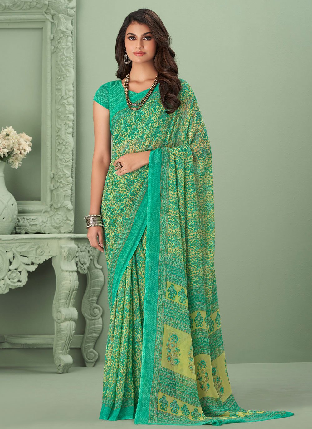 Contemporary Georgette Sea Green Print Saree