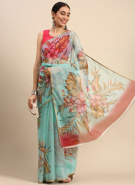 Casual Organza Sea Green Print Saree