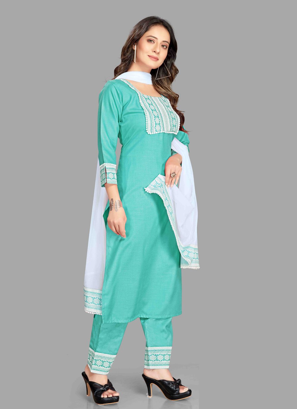 Pant Style Suit Blended Cotton Sea Green Fancy Work Salwar Kameez