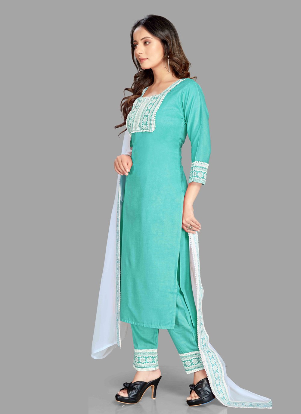 Pant Style Suit Blended Cotton Sea Green Fancy Work Salwar Kameez