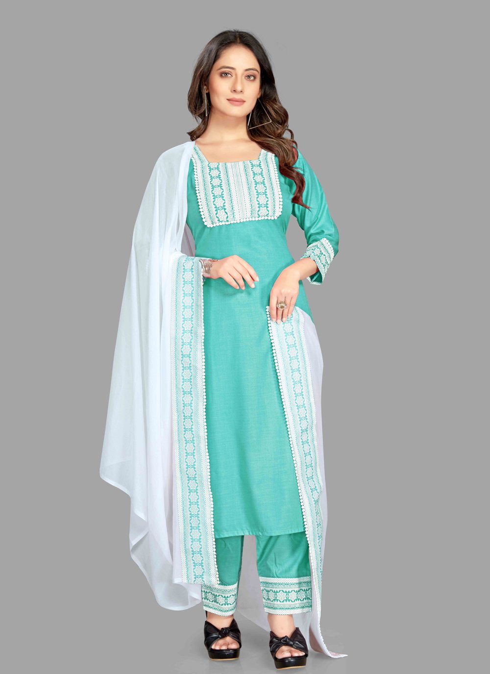 Pant Style Suit Blended Cotton Sea Green Fancy Work Salwar Kameez