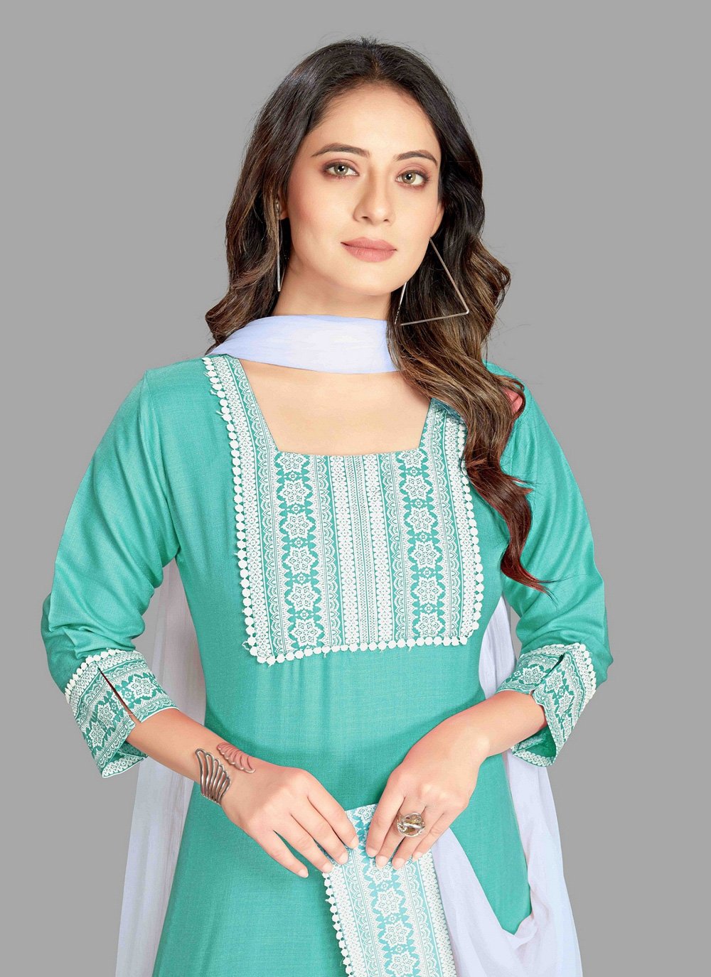 Pant Style Suit Blended Cotton Sea Green Fancy Work Salwar Kameez